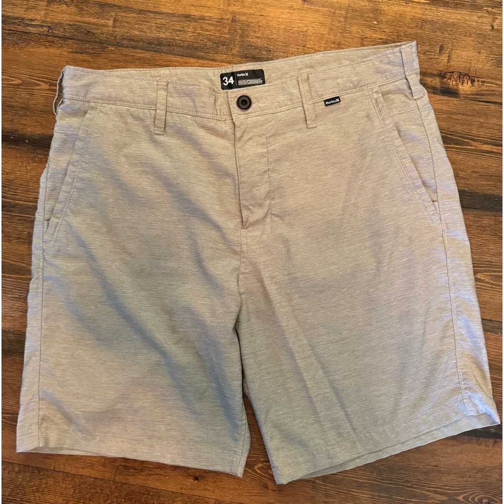 Hurley shorts with 34” waist, tan, 8” inseam, Nike Dri-Fit